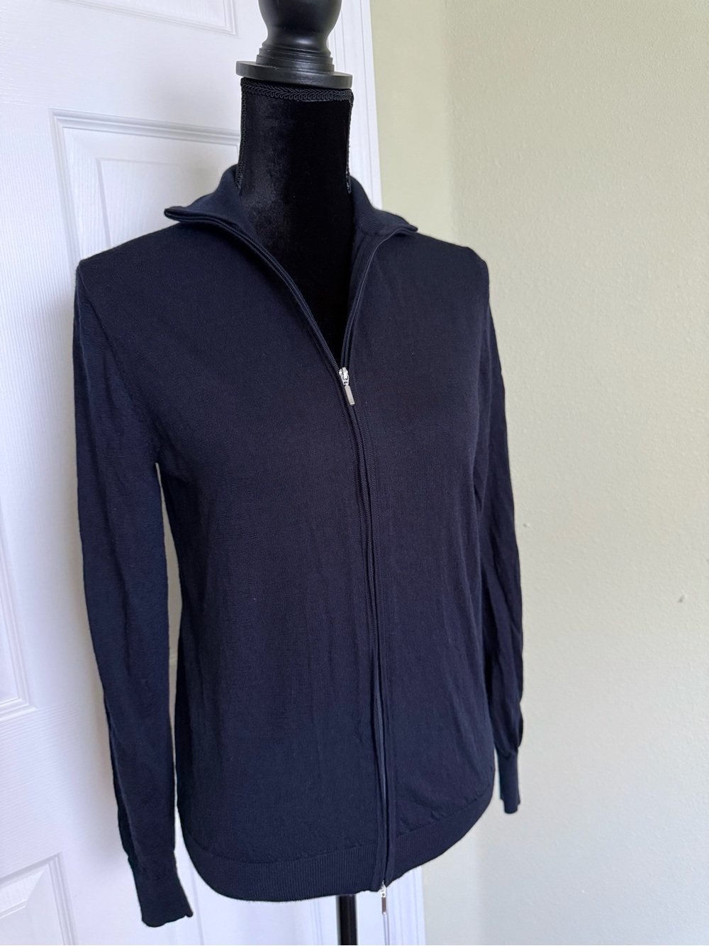 Suitsupply 100% Merino Wool Full-Zip Knit Jacket / Cardigan Mock Neck Navy Blue